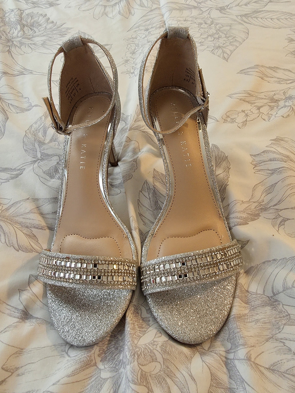 Kelly & Katie Silver Glitter Ankle-Strap Heels with Beaded Front Band